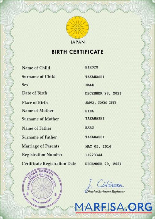 Printable Japan vital record birth certificate PSD template